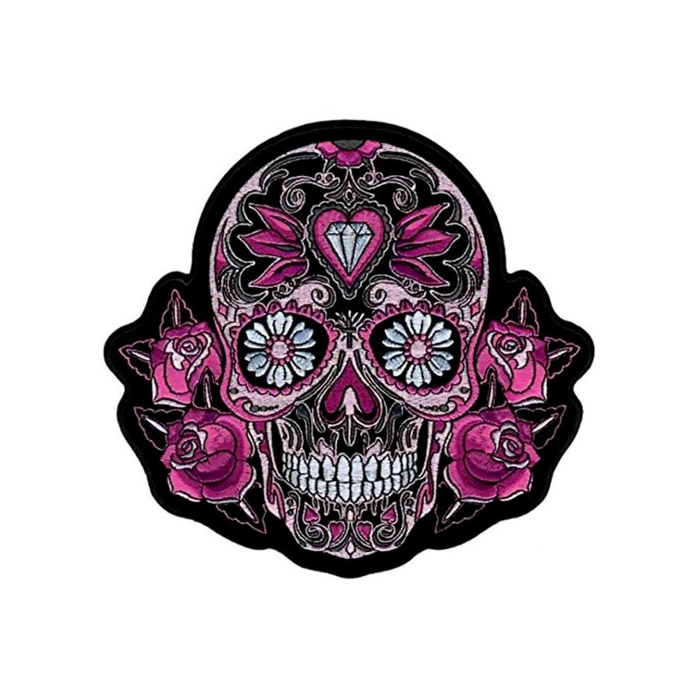 Pink Sugar Skull And Roses - Iron-On / Saw-On Embroidered Rayon Patch, 4" x 4"
